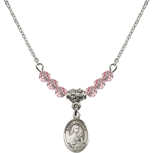 Sterling Silver Saint Theresa Birthstone Necklace with Light Rose Beads - 9106