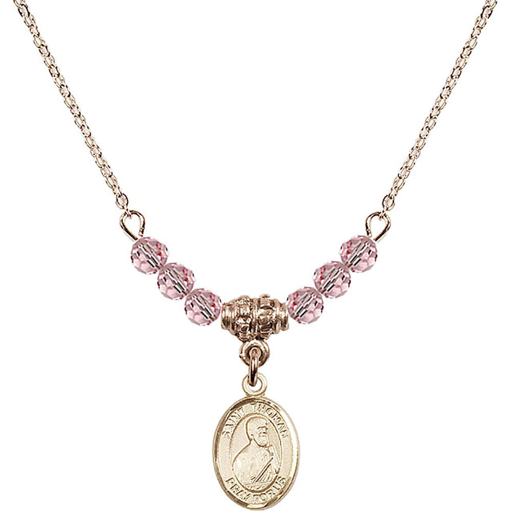 14kt Gold Filled Saint Thomas the Apostle Birthstone Necklace with Light Rose Beads - 9107