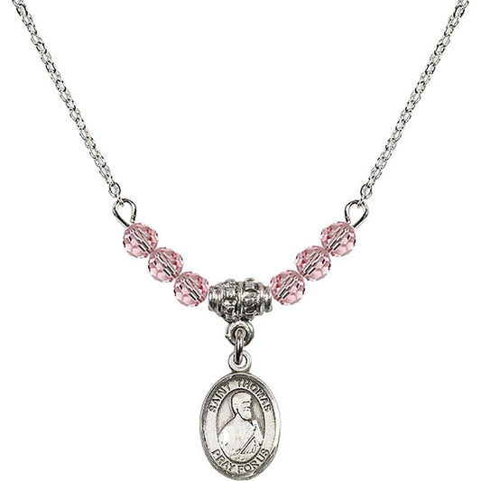 Sterling Silver Saint Thomas the Apostle Birthstone Necklace with Light Rose Beads - 9107