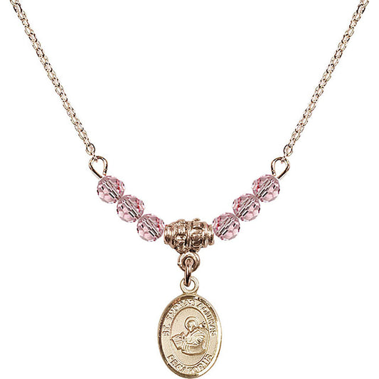 14kt Gold Filled Saint Thomas Aquinas Birthstone Necklace with Light Rose Beads - 9108