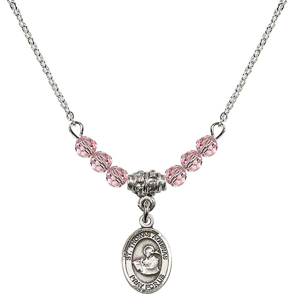Sterling Silver Saint Thomas Aquinas Birthstone Necklace with Light Rose Beads - 9108
