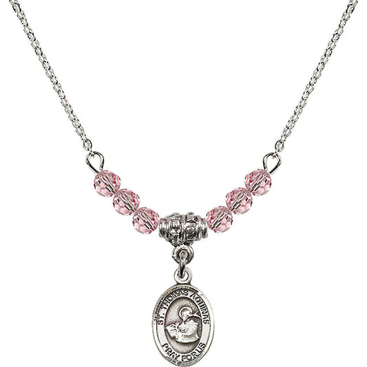 Sterling Silver Saint Thomas Aquinas Birthstone Necklace with Light Rose Beads - 9108