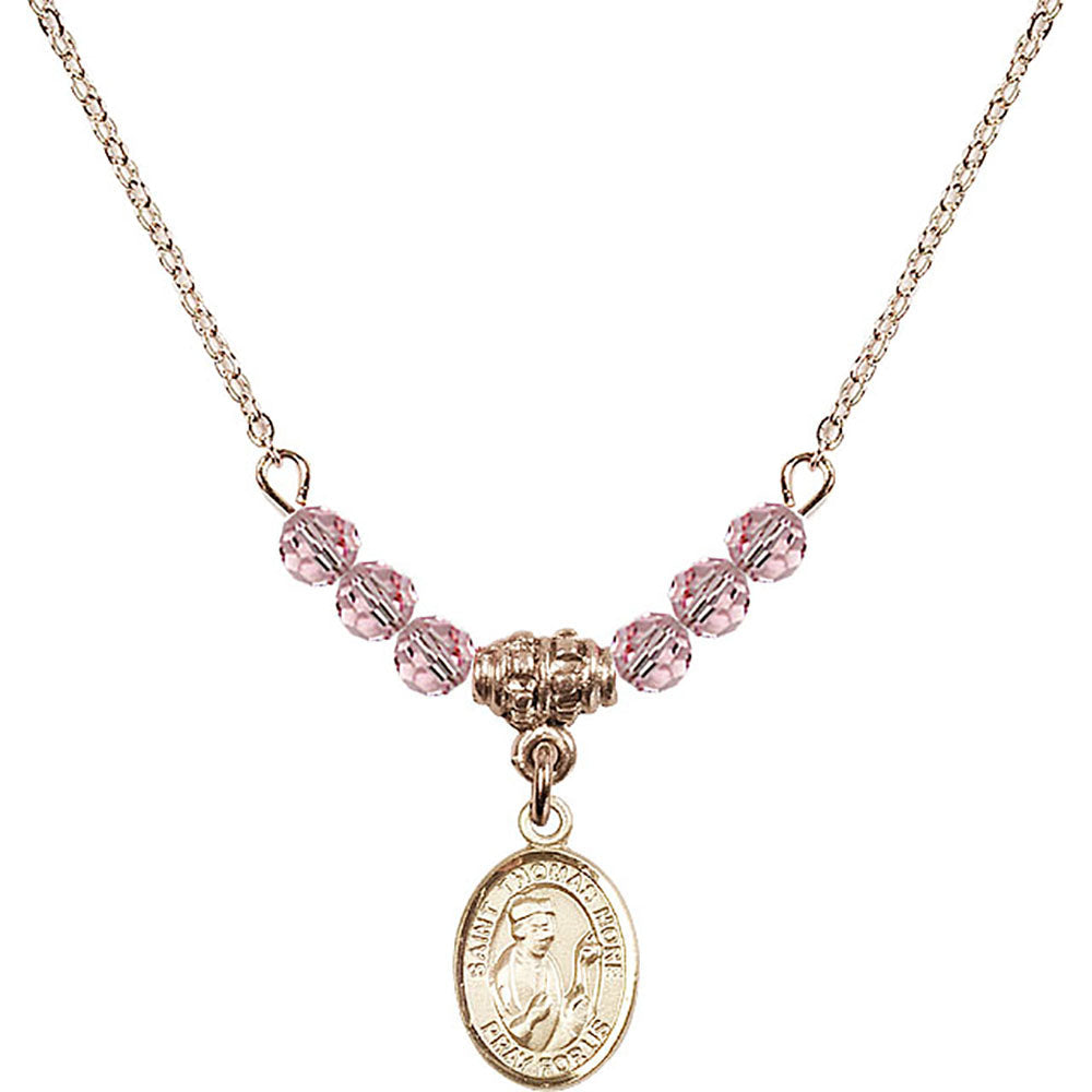 14kt Gold Filled Saint Thomas More Birthstone Necklace with Light Rose Beads - 9109