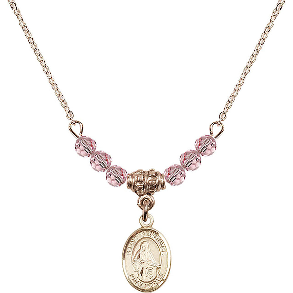 14kt Gold Filled Saint Veronica Birthstone Necklace with Light Rose Beads - 9110