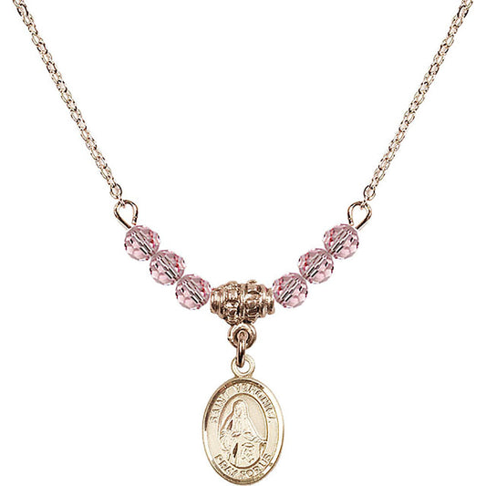 14kt Gold Filled Saint Veronica Birthstone Necklace with Light Rose Beads - 9110