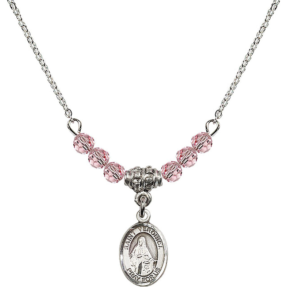 Sterling Silver Saint Veronica Birthstone Necklace with Light Rose Beads - 9110