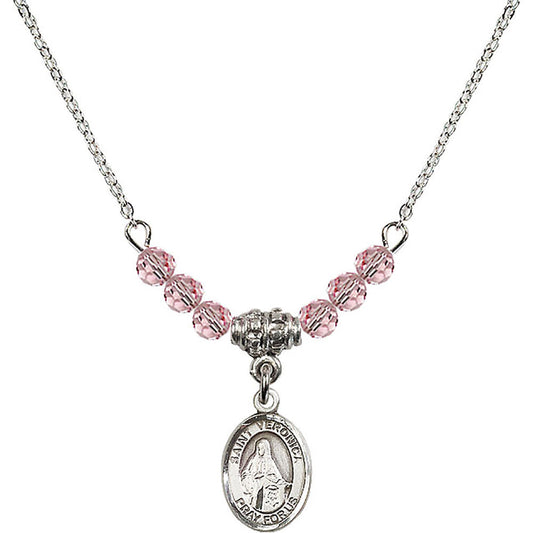 Sterling Silver Saint Veronica Birthstone Necklace with Light Rose Beads - 9110