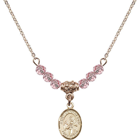 14kt Gold Filled Saint John of God Birthstone Necklace with Light Rose Beads - 9112