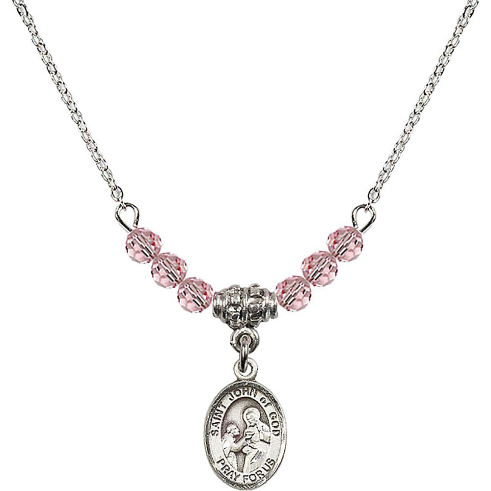Sterling Silver Saint John of God Birthstone Necklace with Light Rose Beads - 9112