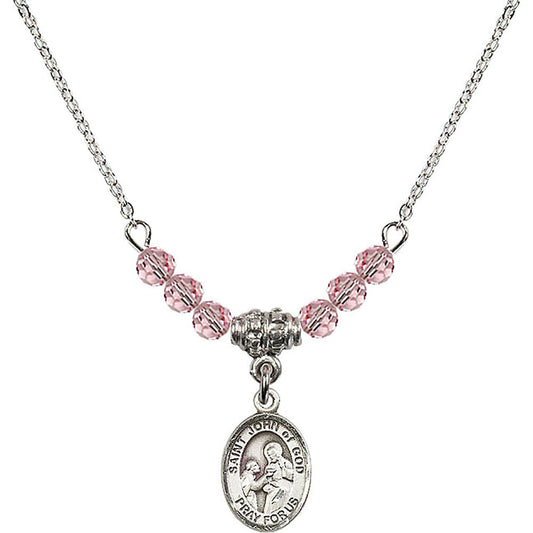 Sterling Silver Saint John of God Birthstone Necklace with Light Rose Beads - 9112