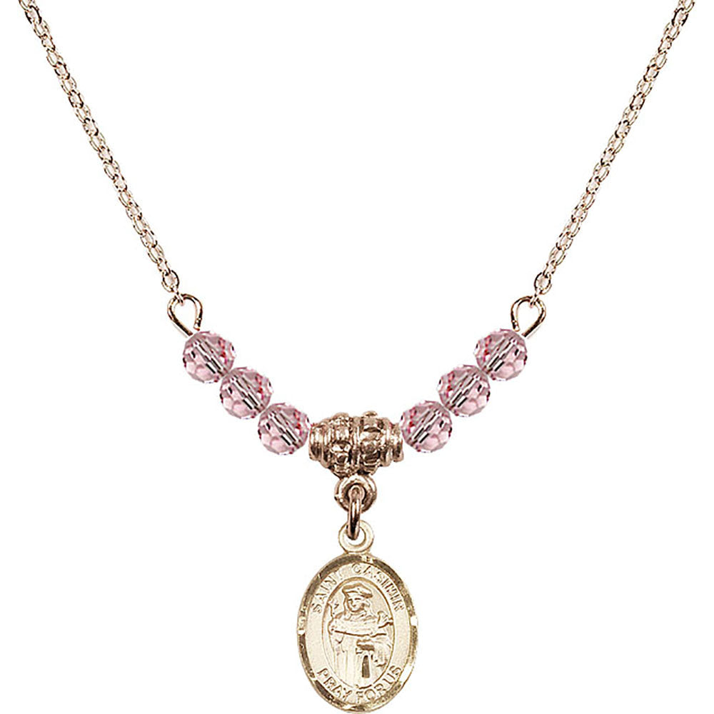 14kt Gold Filled Saint Casimir of Poland Birthstone Necklace with Light Rose Beads - 9113