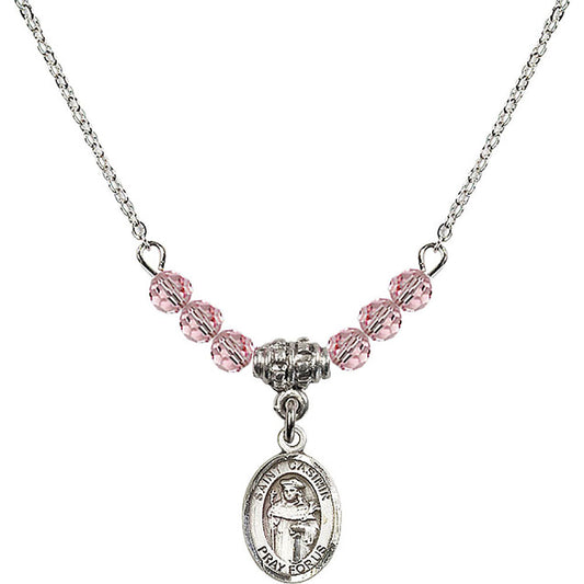 Sterling Silver Saint Casimir of Poland Birthstone Necklace with Light Rose Beads - 9113
