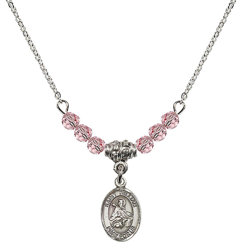 Sterling Silver Saint William of Rochester Birthstone Necklace with Light Rose Beads - 9114