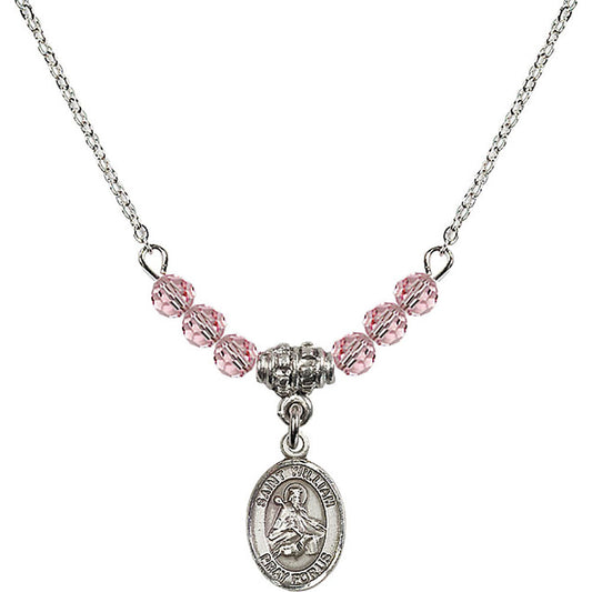 Sterling Silver Saint William of Rochester Birthstone Necklace with Light Rose Beads - 9114