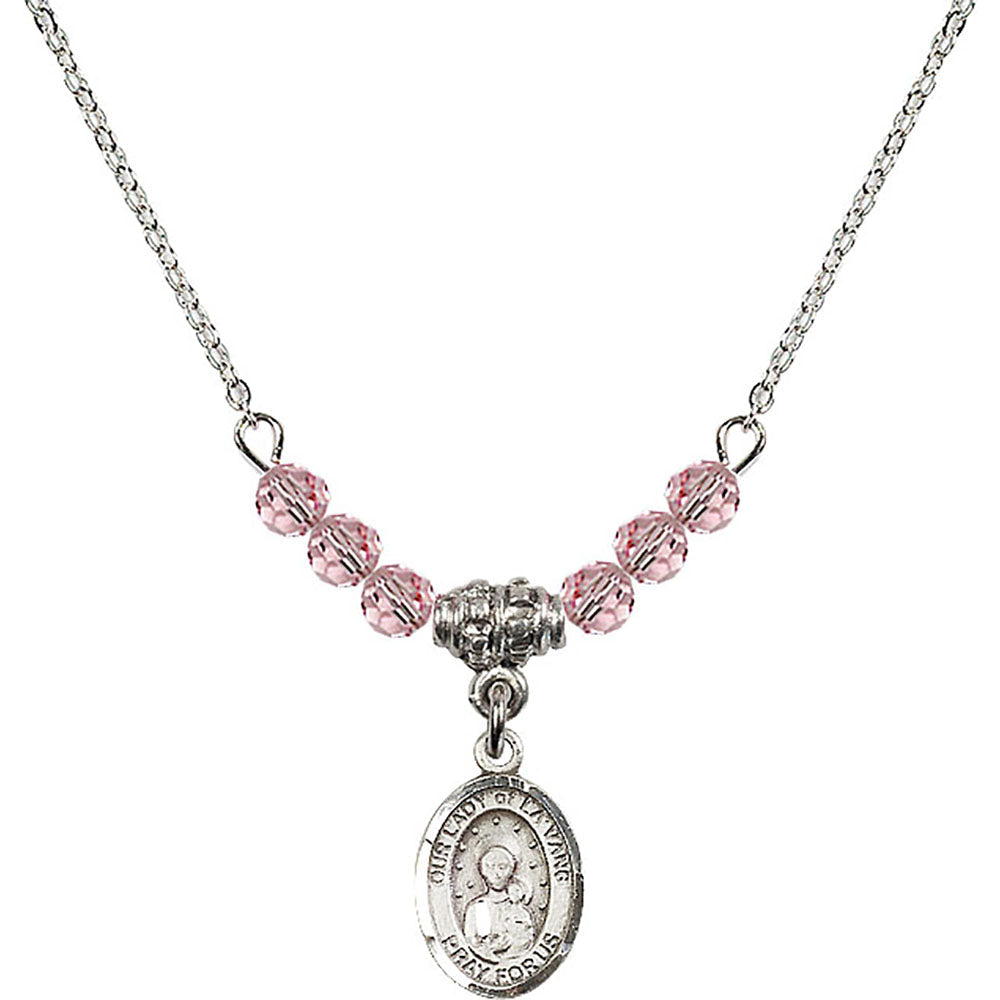 Sterling Silver Our Lady of la Vang Birthstone Necklace with Light Rose Beads - 9115