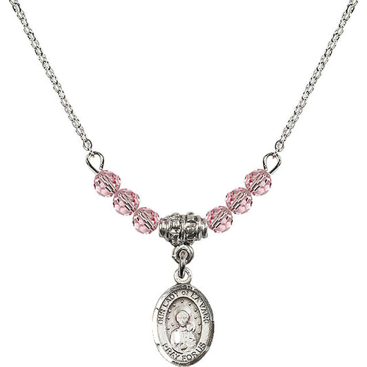 Sterling Silver Our Lady of la Vang Birthstone Necklace with Light Rose Beads - 9115