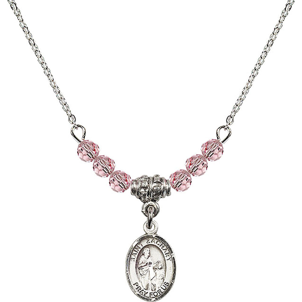 Sterling Silver Saint Zachary Birthstone Necklace with Light Rose Beads - 9116