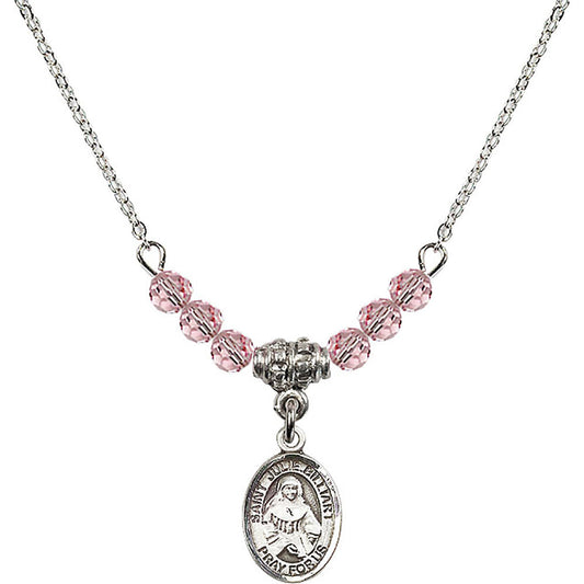 Sterling Silver Saint Julie Billiart Birthstone Necklace with Light Rose Beads - 9117