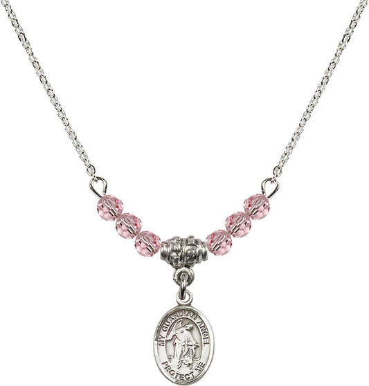 Sterling Silver Guardian Angel w/Child Birthstone Necklace with Light Rose Beads - 9118