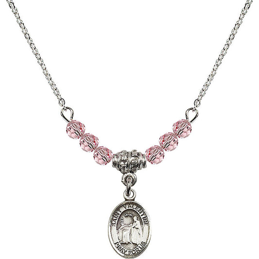 Sterling Silver Saint Valentine of Rome Birthstone Necklace with Light Rose Beads - 9121
