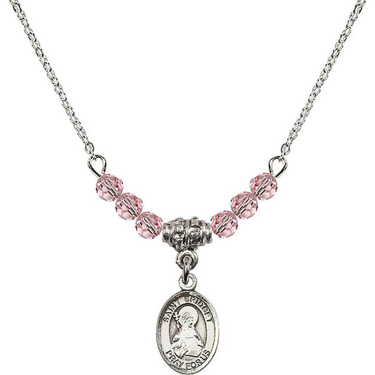 Sterling Silver Saint Bridget of Sweden Birthstone Necklace with Light Rose Beads - 9122