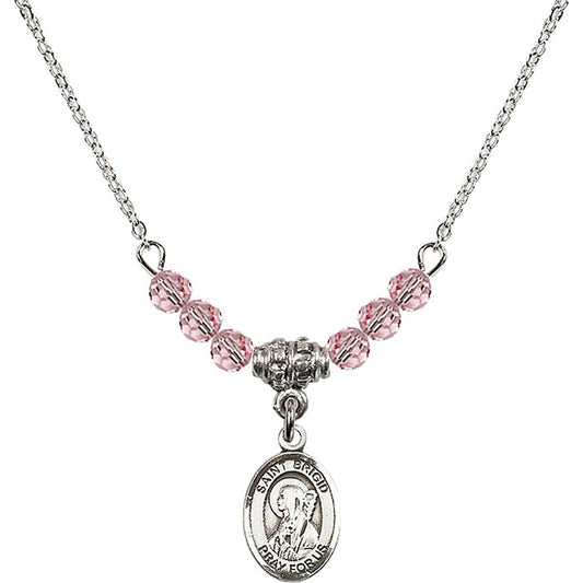 Sterling Silver Saint Brigid of Ireland Birthstone Necklace with Light Rose Beads - 9123