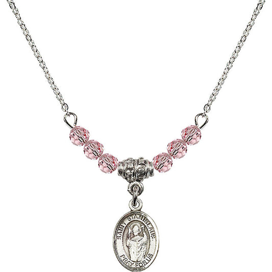 Sterling Silver Saint Stanislaus Birthstone Necklace with Light Rose Beads - 9124