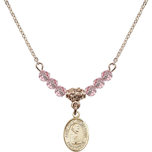 14kt Gold Filled Saint Pio of Pietrelcina Birthstone Necklace with Light Rose Beads - 9125