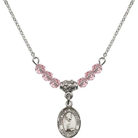 Sterling Silver Saint Pio of Pietrelcina Birthstone Necklace with Light Rose Beads - 9125