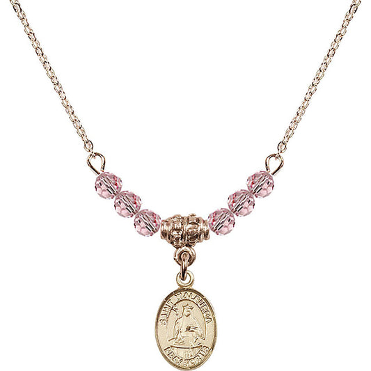 14kt Gold Filled Saint Walburga Birthstone Necklace with Light Rose Beads - 9126