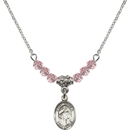 Sterling Silver Saint Ursula Birthstone Necklace with Light Rose Beads - 9127