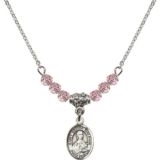Sterling Silver Saint Gemma Galgani Birthstone Necklace with Light Rose Beads - 9130