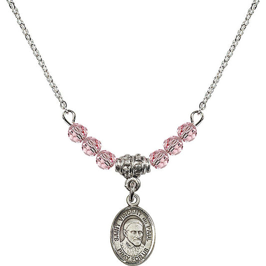 Sterling Silver Saint Vincent De Paul Birthstone Necklace with Light Rose Beads - 9134