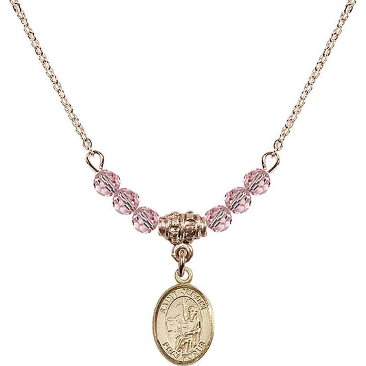 14kt Gold Filled Saint Jerome Birthstone Necklace with Light Rose Beads - 9135