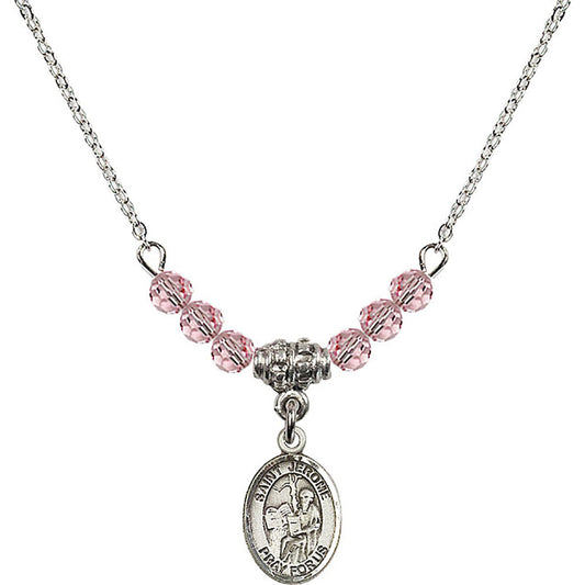 Sterling Silver Saint Jerome Birthstone Necklace with Light Rose Beads - 9135