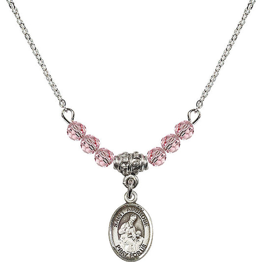 Sterling Silver Saint Ambrose Birthstone Necklace with Light Rose Beads - 9137