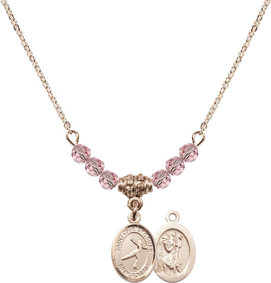 14kt Gold Filled Saint Christopher/Figure Skating Birthstone Necklace with Light Rose Beads - 9139