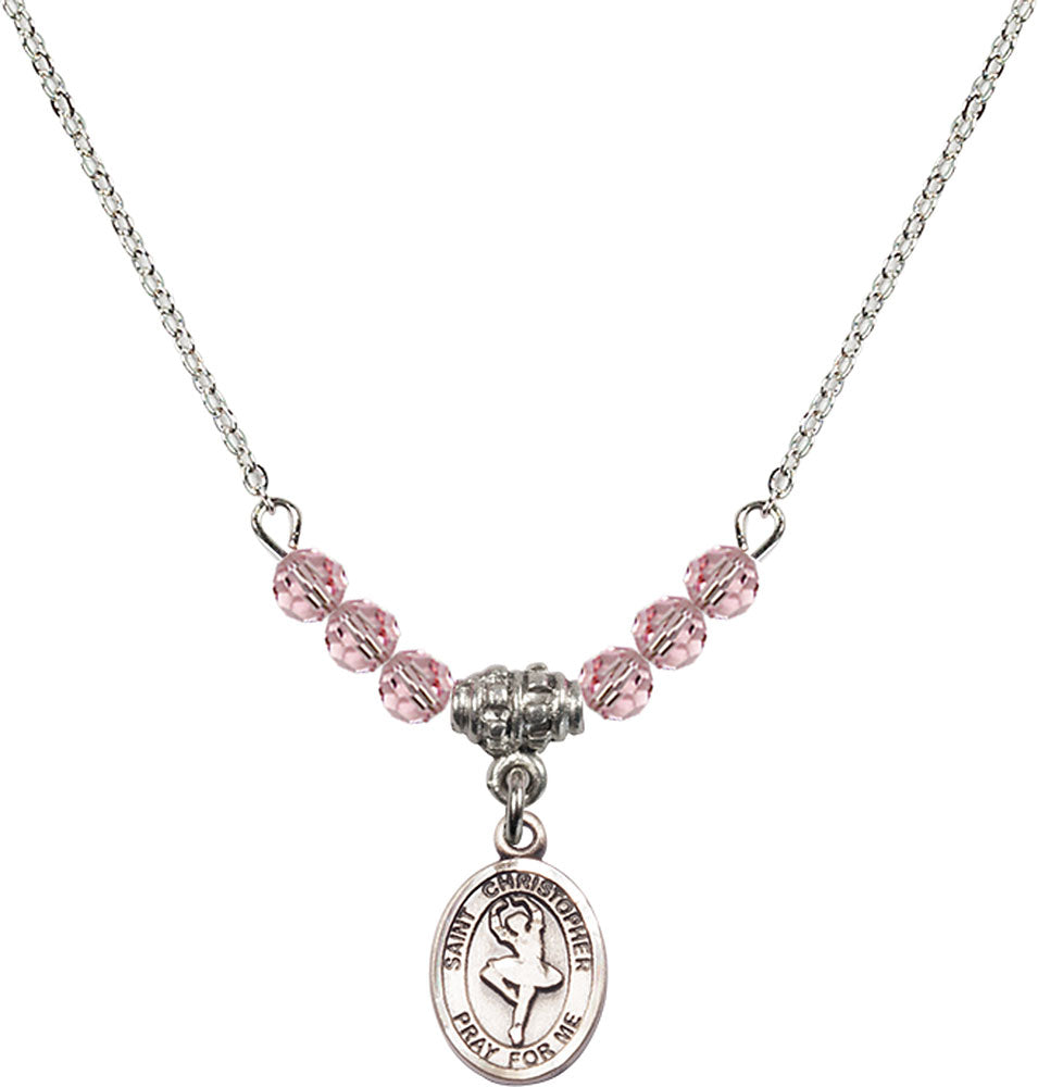 Sterling Silver Saint Christopher/Dance Birthstone Necklace with Light Rose Beads - 9143