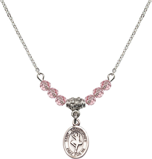 Sterling Silver Saint Christopher/Dance Birthstone Necklace with Light Rose Beads - 9143