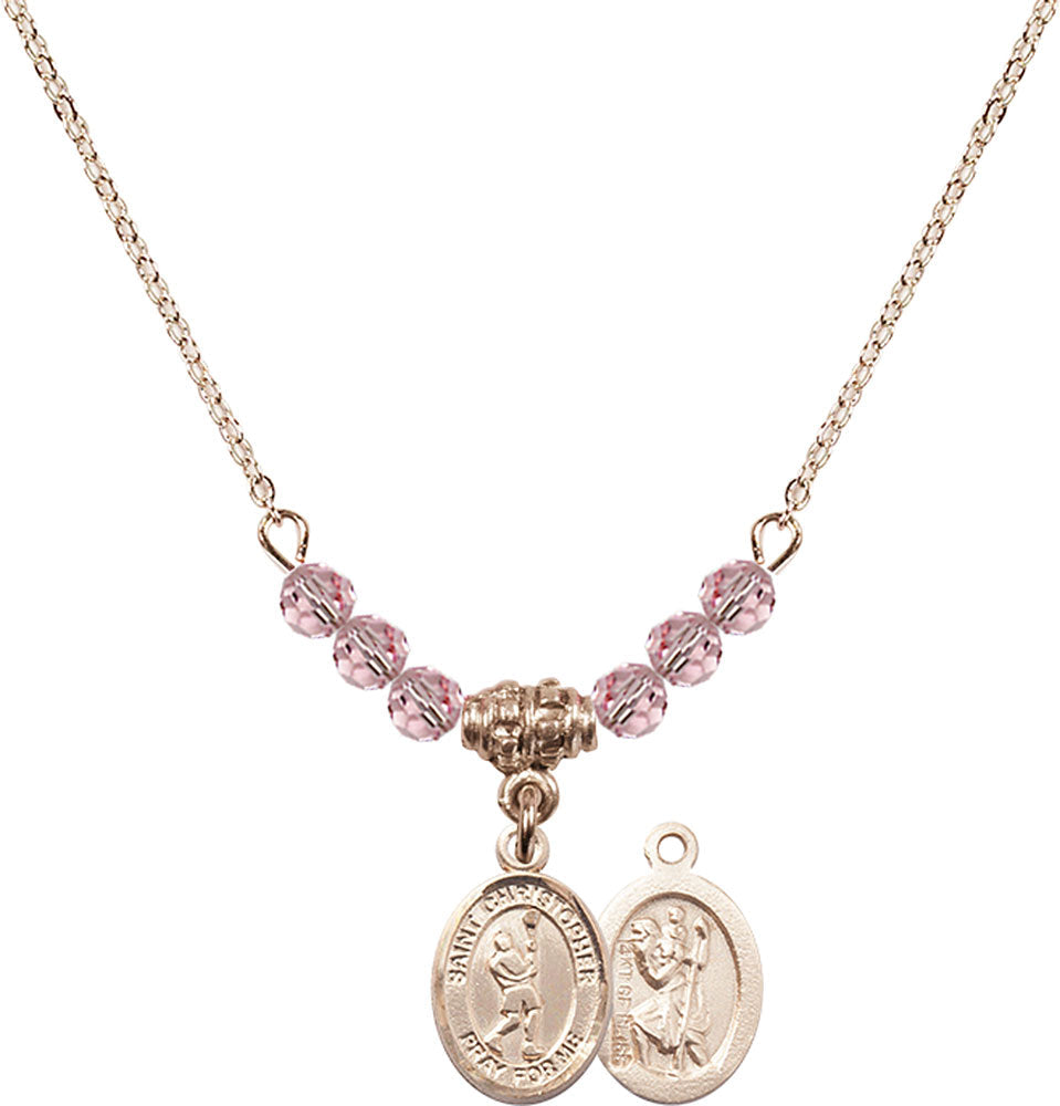 14kt Gold Filled Saint Christopher/Lacrosse Birthstone Necklace with Light Rose Beads - 9144