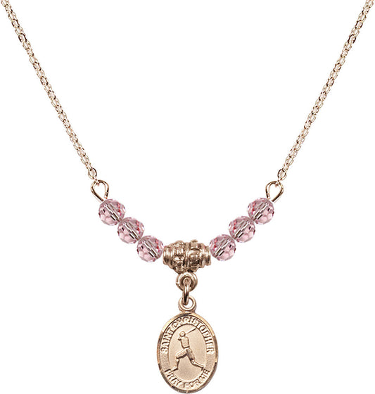 14kt Gold Filled Saint Christopher/Baseball Birthstone Necklace with Light Rose Beads - 9150
