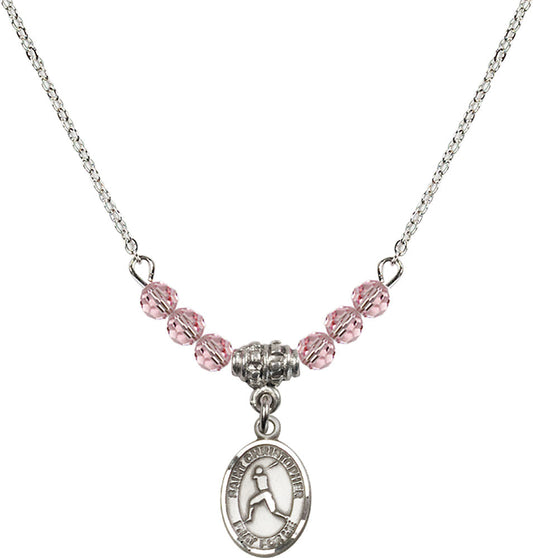 Sterling Silver Saint Christopher/Baseball Birthstone Necklace with Light Rose Beads - 9150