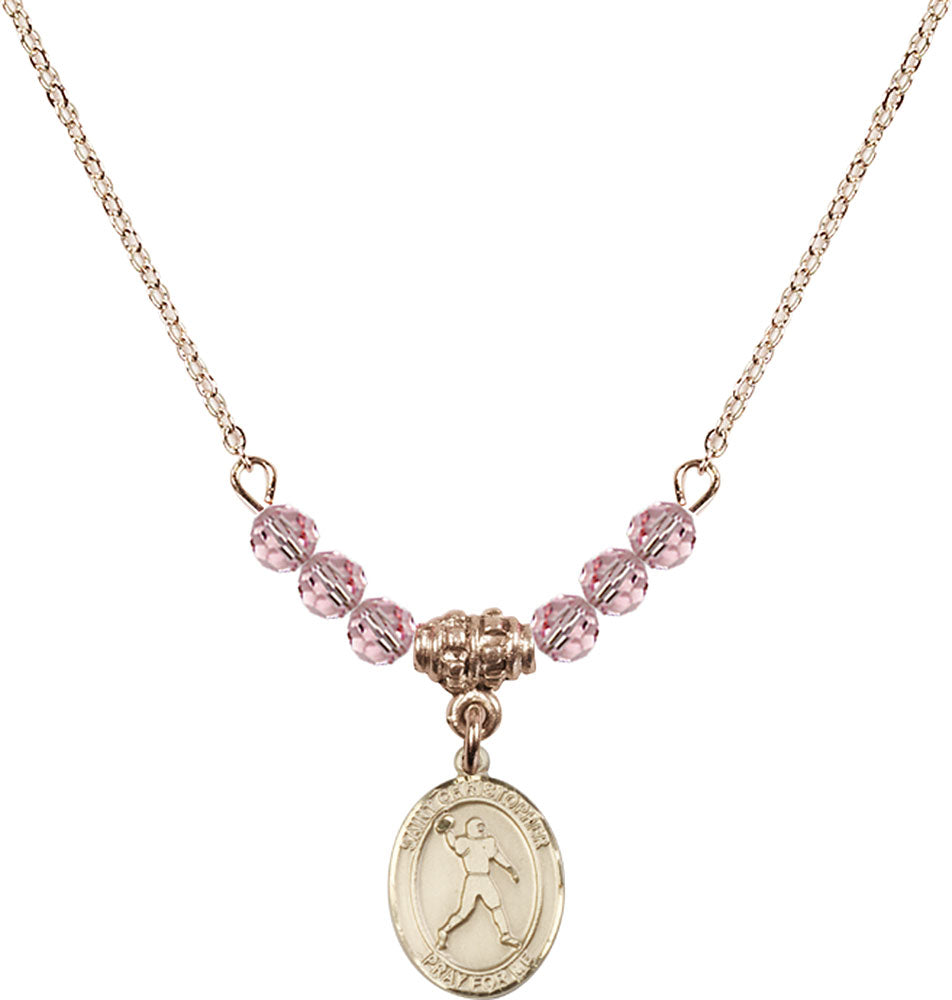 14kt Gold Filled Saint Christopher/Football Birthstone Necklace with Light Rose Beads - 9151