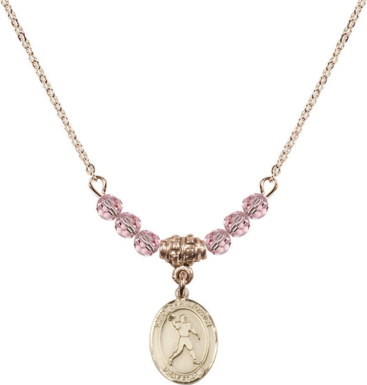 14kt Gold Filled Saint Christopher/Football Birthstone Necklace with Light Rose Beads - 9151