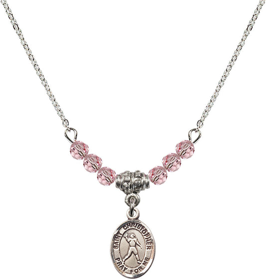 Sterling Silver Saint Christopher/Football Birthstone Necklace with Light Rose Beads - 9151