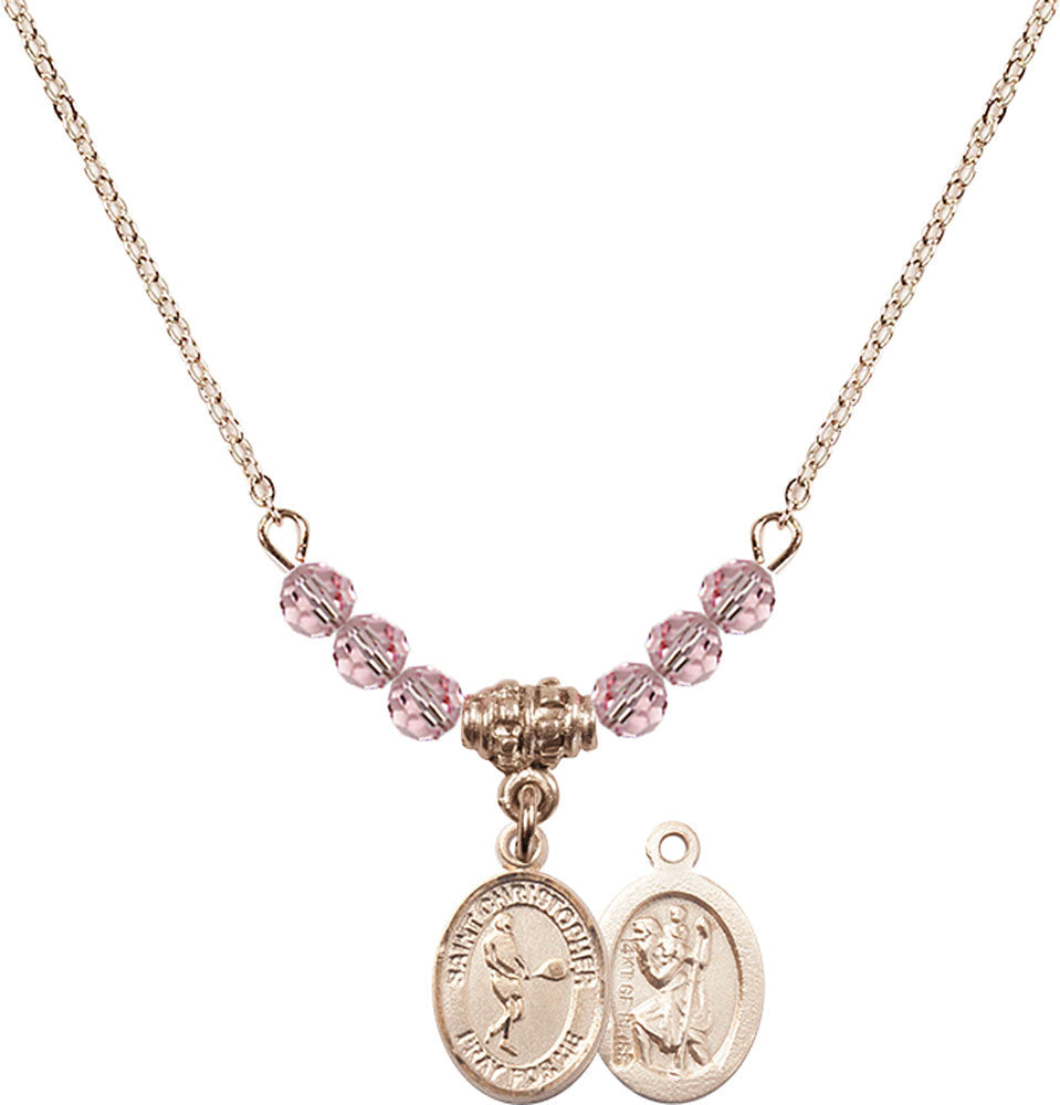14kt Gold Filled Saint Christopher/Tennis Birthstone Necklace with Light Rose Beads - 9156