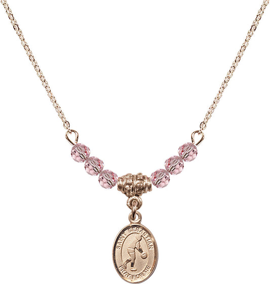 14kt Gold Filled Saint Sebastian/Basketball Birthstone Necklace with Light Rose Beads - 9163