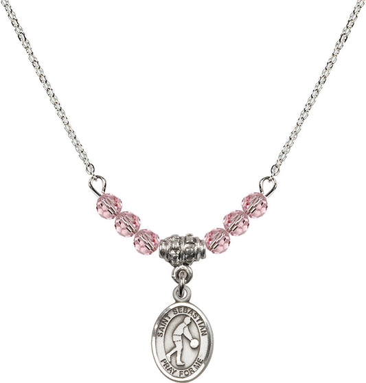 Sterling Silver Saint Sebastian/Basketball Birthstone Necklace with Light Rose Beads - 9163