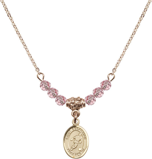 14kt Gold Filled Saint Sebastian/Soccer Birthstone Necklace with Light Rose Beads - 9164