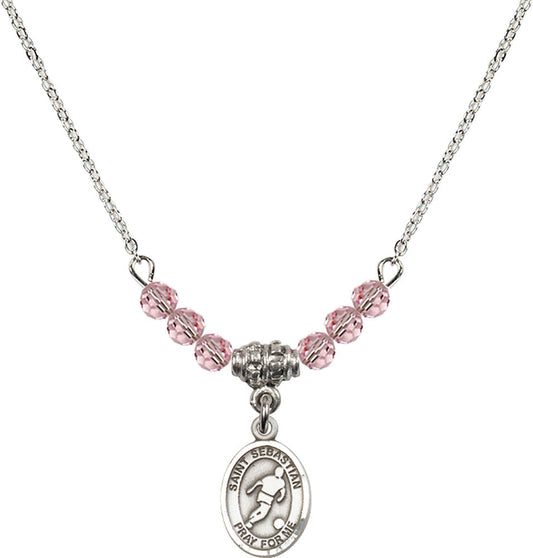 Sterling Silver Saint Sebastian/Soccer Birthstone Necklace with Light Rose Beads - 9164